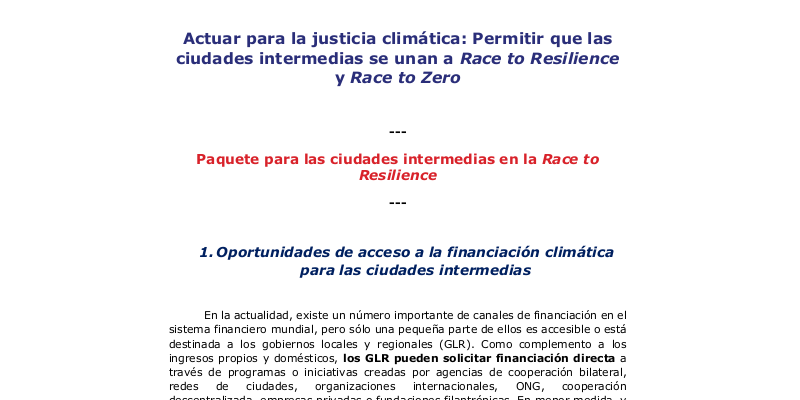 Paquete para las ciudades intermedias en la Race to Resilience